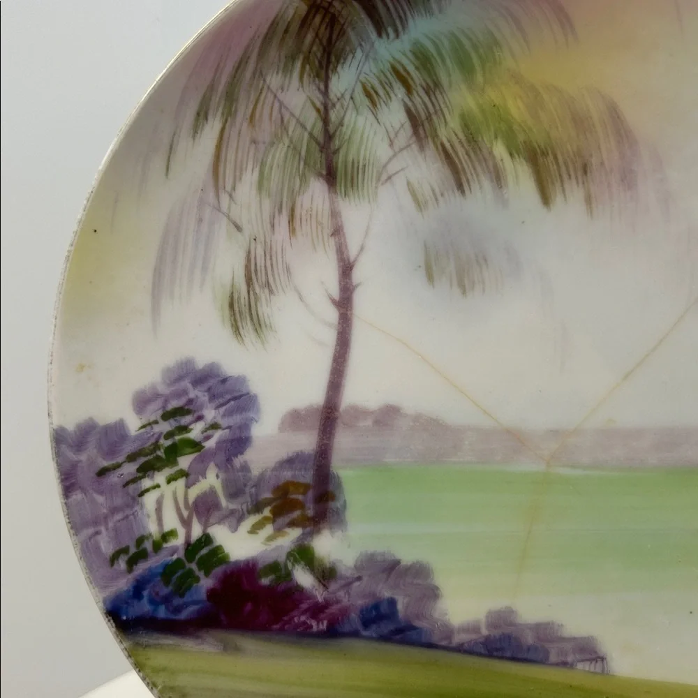 Antique Nippon Hand‎ Painted Porcelain Plate Palm Tree Landscape Scene 6.25 inch